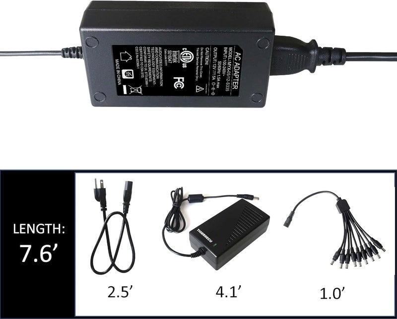TIGERSECU Security Camera Power Adapter with 9-Way Power Splitter, 12V 5A 100V-240V 2.1x5.5mm Power Supply, Compatible with Lorex, Samsung, Q-See, Night Owl, Swann, Annke IP and BNC Cameras - Image 5